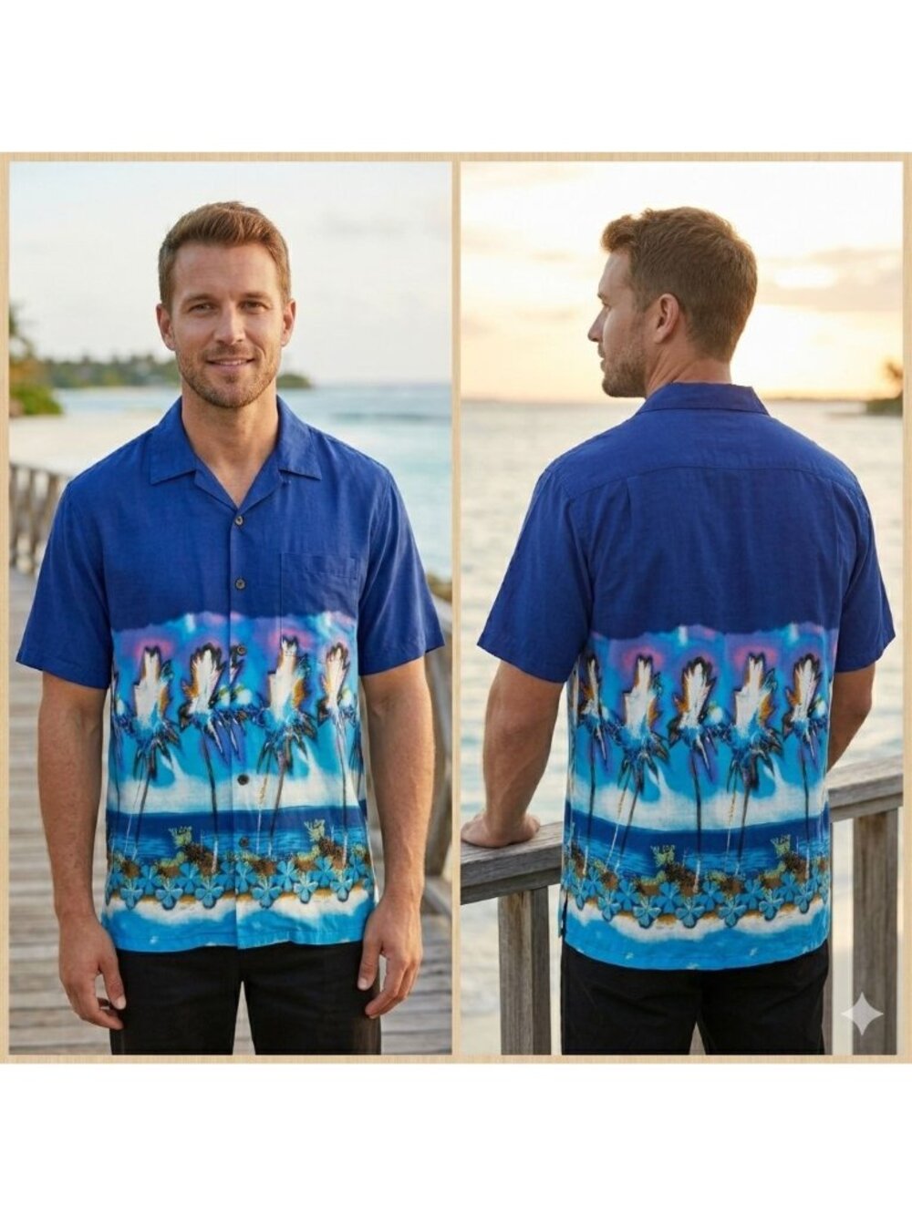 Pineapple Connection Men's Hawaiian Shirt Size XL Blue Palm Tree Print Summer
